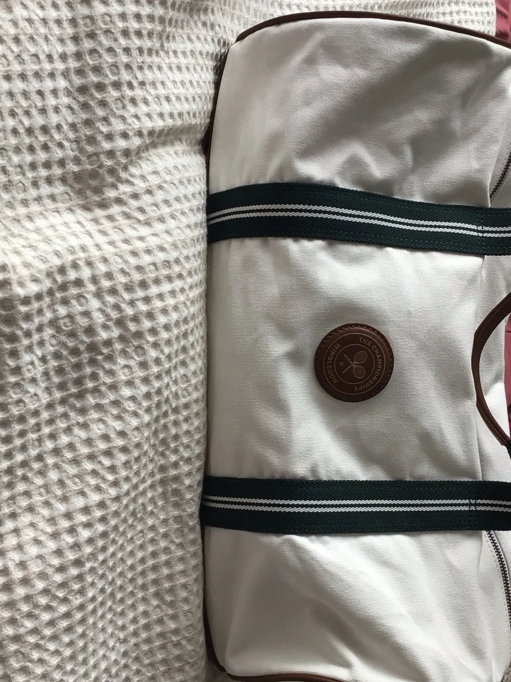 OFFICIAL Wimbledon White Duffel Bag with Green Striped Straps